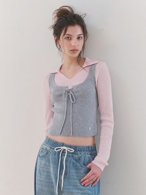 [일체형/뷔스티에/레이어드] 리브드 니트 탑 (PINK)