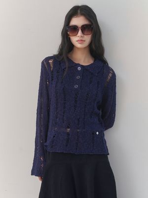 [레이어드/데일리] 디스트로이드 시어 카라 니트 (NAVY)