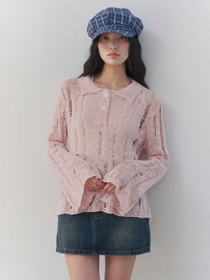 [레이어드/데일리] 디스트로이드 시어 카라 니트 (PINK)