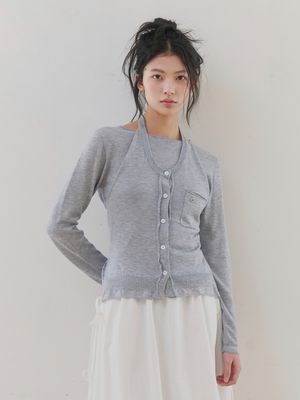 [홀터넥/레이어드] 홀터넥 레이어드 니트 탑 (LIGHT GRAY)