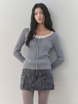 [레이어드/여리핏] 로맨틱 레이어드 리브드 니트 탑 (GRAY)