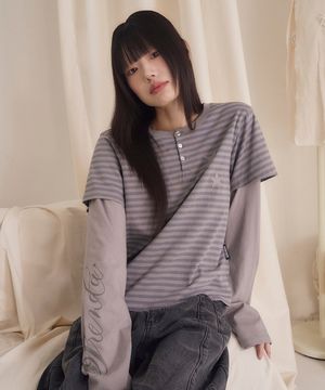 STRIPE LAYERED HENRY NECK  LONG SLEEVE GRAY