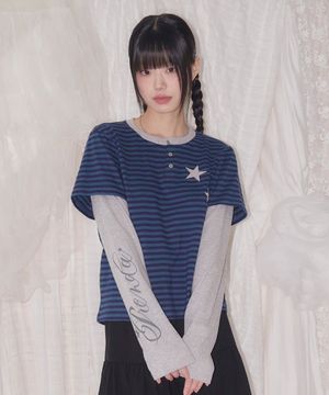 STRIPE LAYERED HENRY NECK  LONG SLEEVE DEEP BLUE