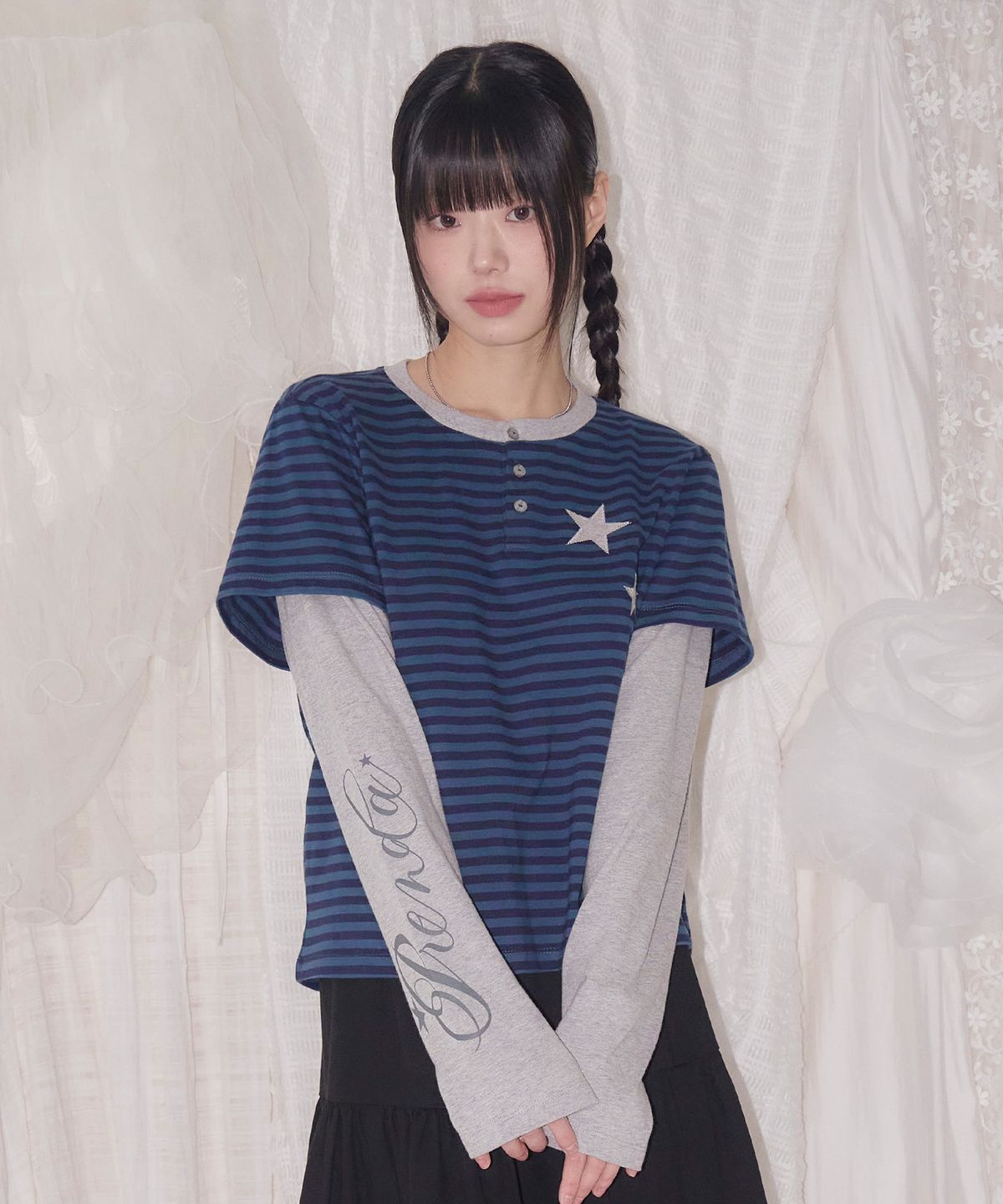 프렌다(PRENDA) STRIPE LAYERED HENRY NECK  LONG SLEEVE DEEP BLUE