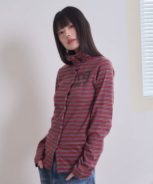 97 LOGO STRIPE HIGH NECK CARDIGAN BROWN