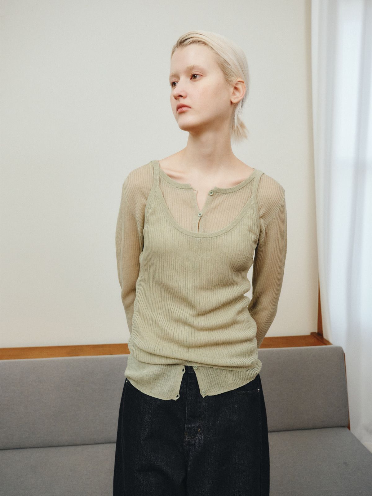리플레인(REPLAIN) RIBBED LAYERED CARDIGAN SET_GREEN