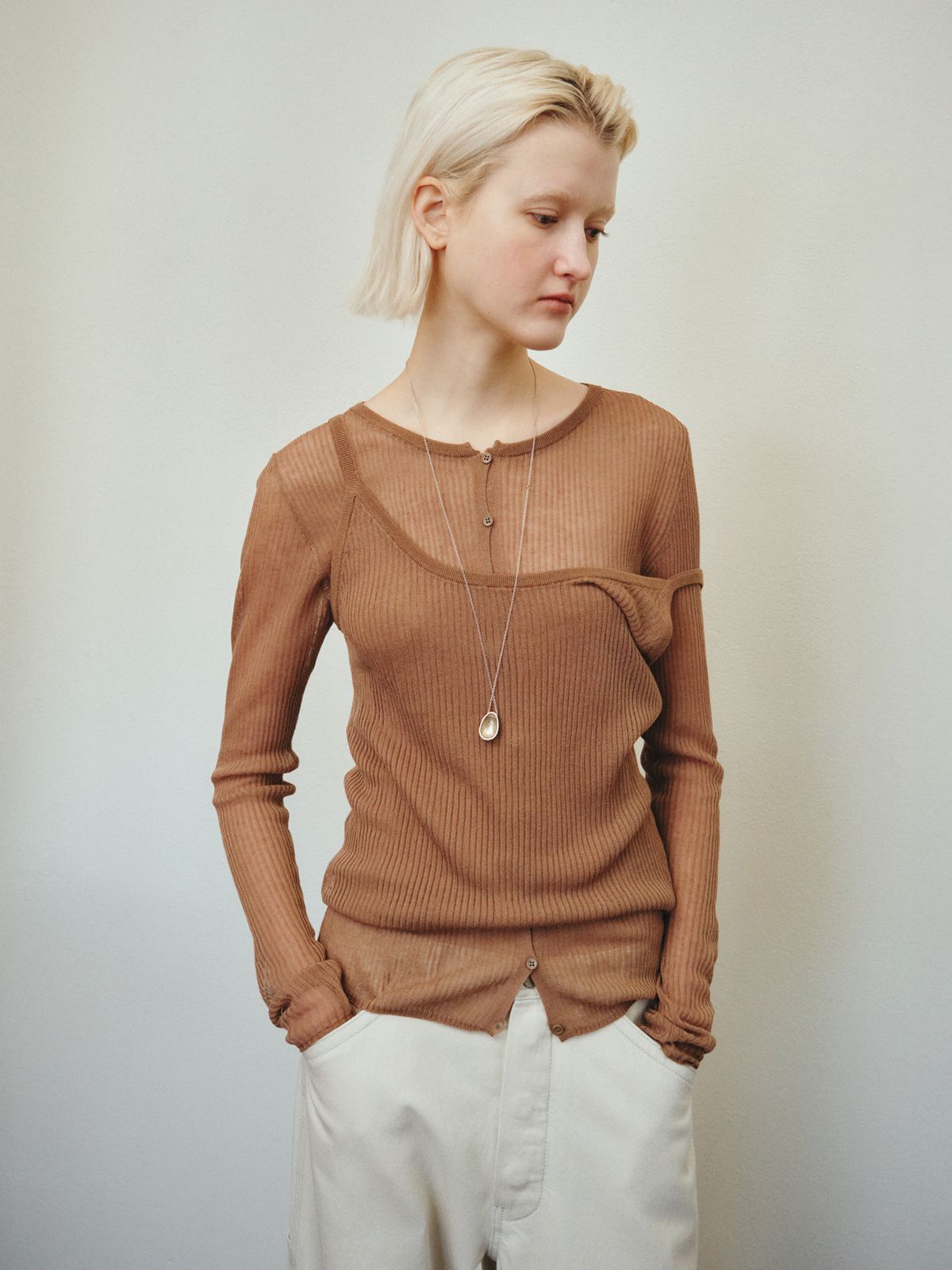 리플레인(REPLAIN) RIBBED LAYERED CARDIGAN SET_BROWN