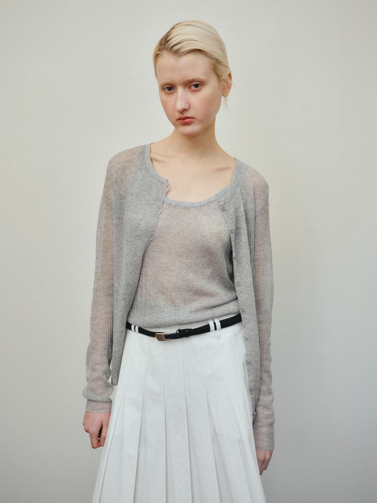 리플레인(REPLAIN) RIBBED LAYERED CARDIGAN SET_GREY