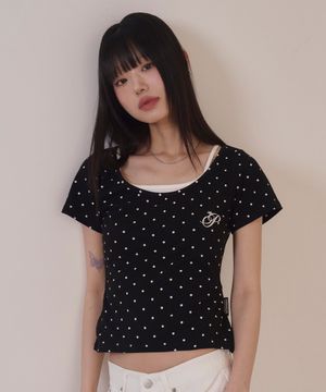 DOT SHIRRING LAYERED TEE SET BLACK