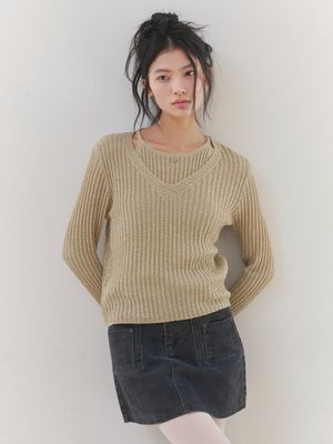 [레이어드/여리핏] 레이어드 리브드 브이넥 니트 세트 (GREEN)