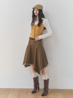 [보헤미안무드/언발플레어] 빈티지 언발란스 플레어 벨트 스커트 (CAMEL)