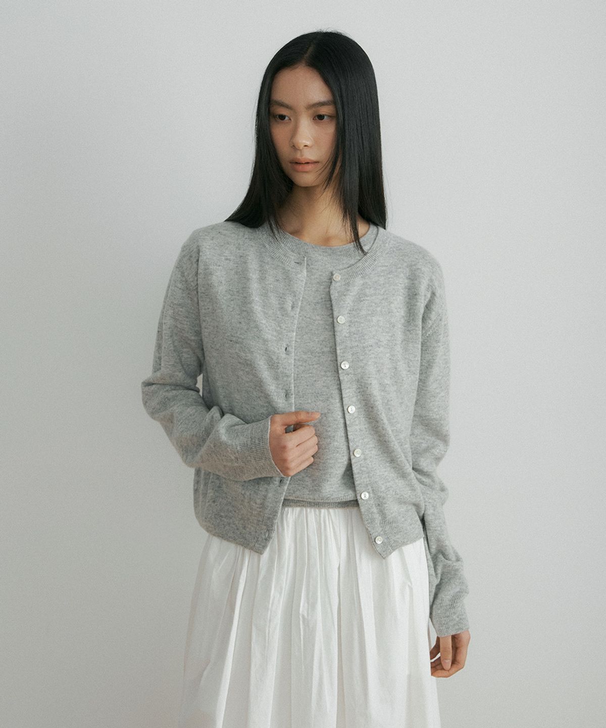 링서울(LINGSEOUL) wool round neck knit cardigan-melange
