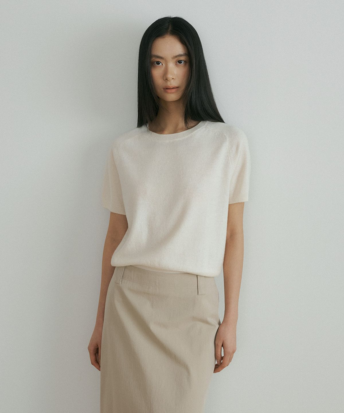 링서울(LINGSEOUL) wool round neck half sleeve knit top-cream