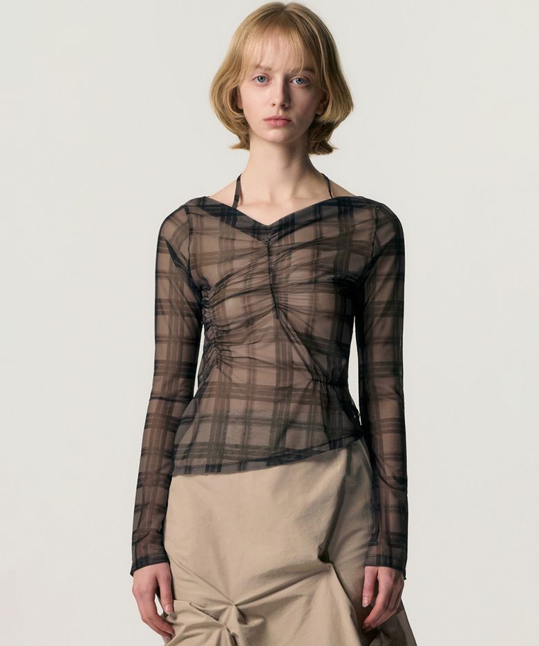 Sheer Plaid Shirring T-shirt_BROWN
