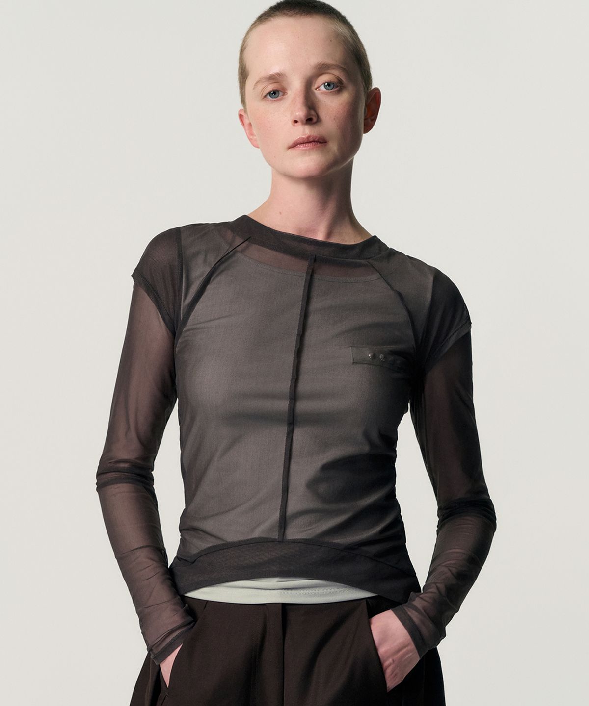 킴지수(KIMZISU) Veiled Mesh Shell LS T-shirt_BROWN