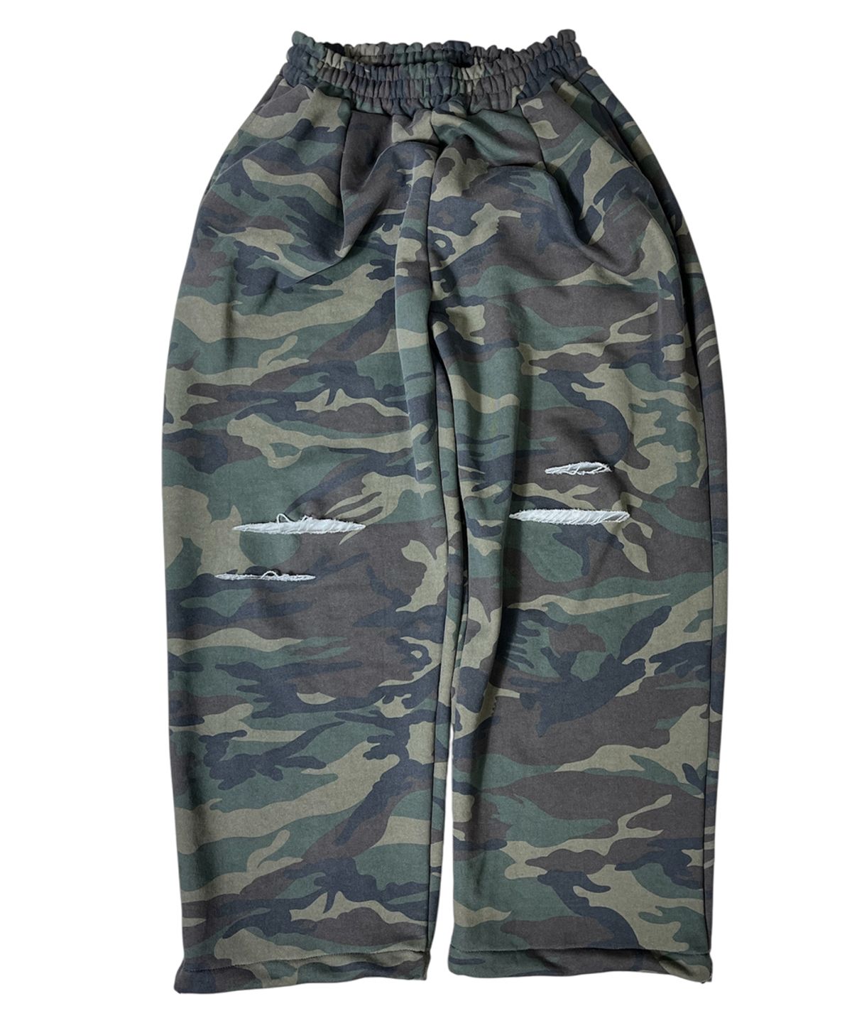 스케이터락(SK8ER ROCK) Cut Off Camouflage Sweat Wide Pants ((khaki))
