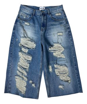 Destroyed Denim Cropped Wide Pants ((blue))