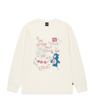 DOODLE BEAR COLLAGE LONG SLV TEE ivory