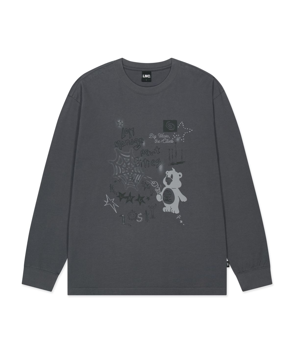 엘엠씨(LMC) DOODLE BEAR COLLAGE LONG SLV TEE charcoal