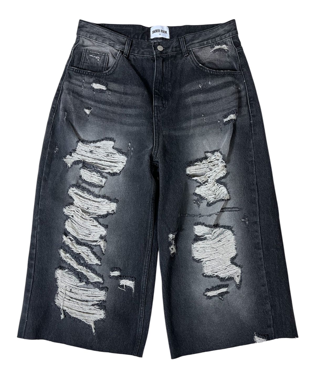 스케이터락(SK8ER ROCK) Destroyed Denim Cropped Wide Pants ((black))