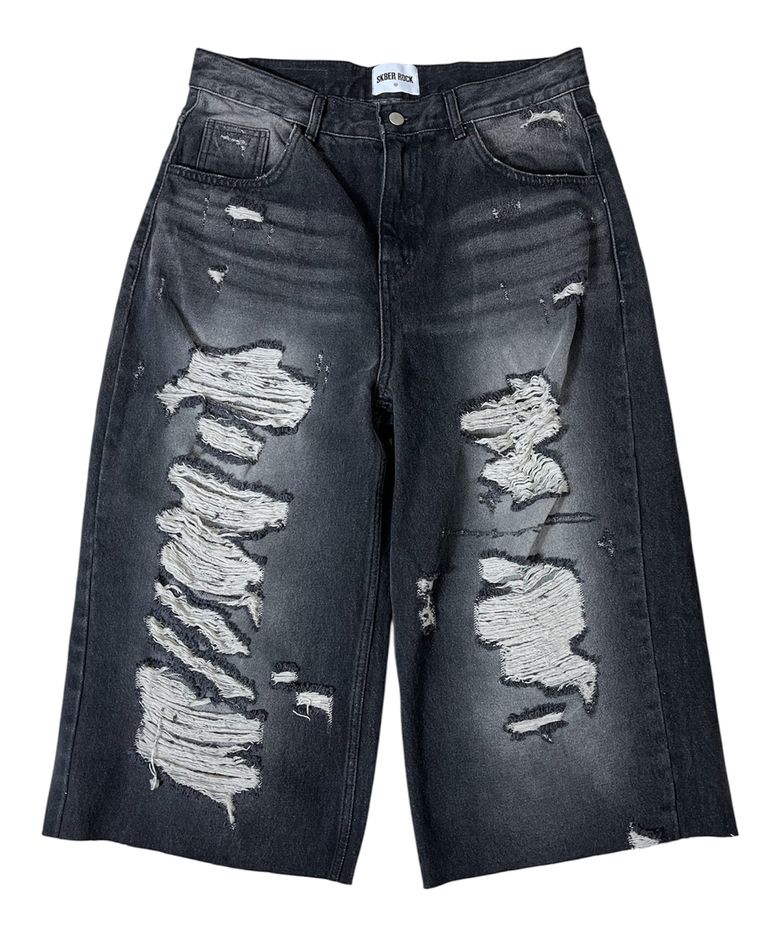 Destroyed Denim Cropped Wide Pants ((black))