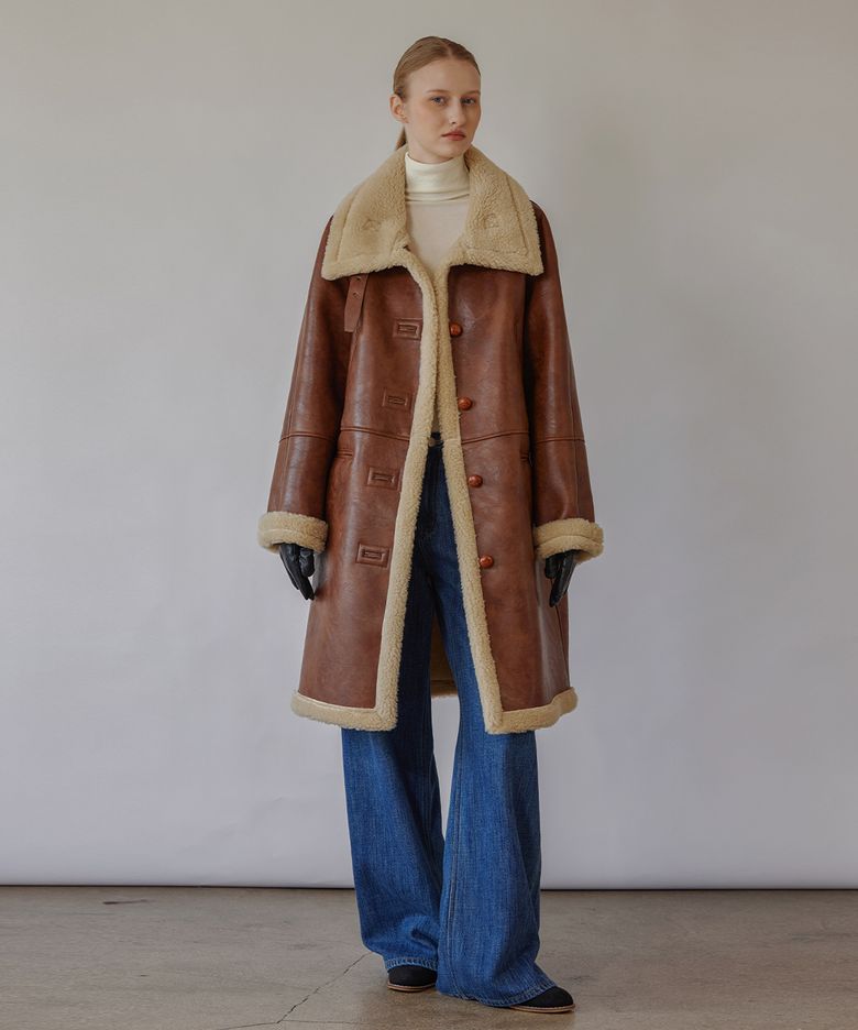 Ever High Neck Shearling Long Coat-BROWN