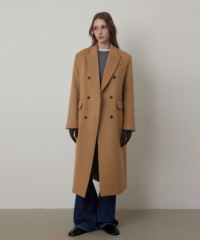 Classic Wool Double Breasted Long Coat-CAMEL