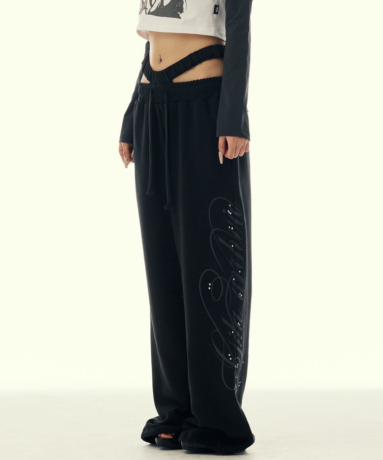 CUT-OUT DOUBLE WAIST SWEAT PANTS_BLACK