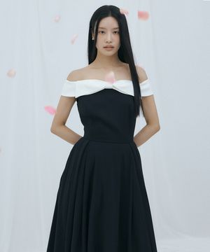 Ribbon Trim Off-Shoulder Dress (black)