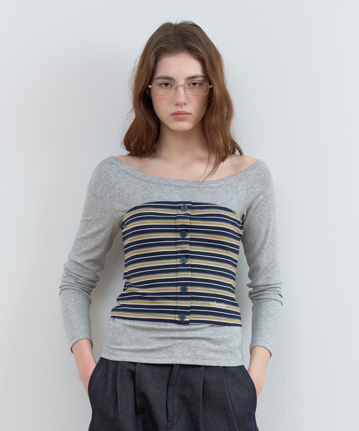 로라로라(ROLAROLA) STRIPE BUTTON BUSTIER LAYERED LONG SLEEVE GY+NV