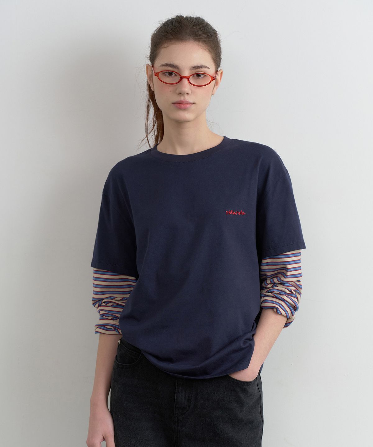 로라로라(ROLAROLA) LAYERED STRIPE T-SHIRT NAVY