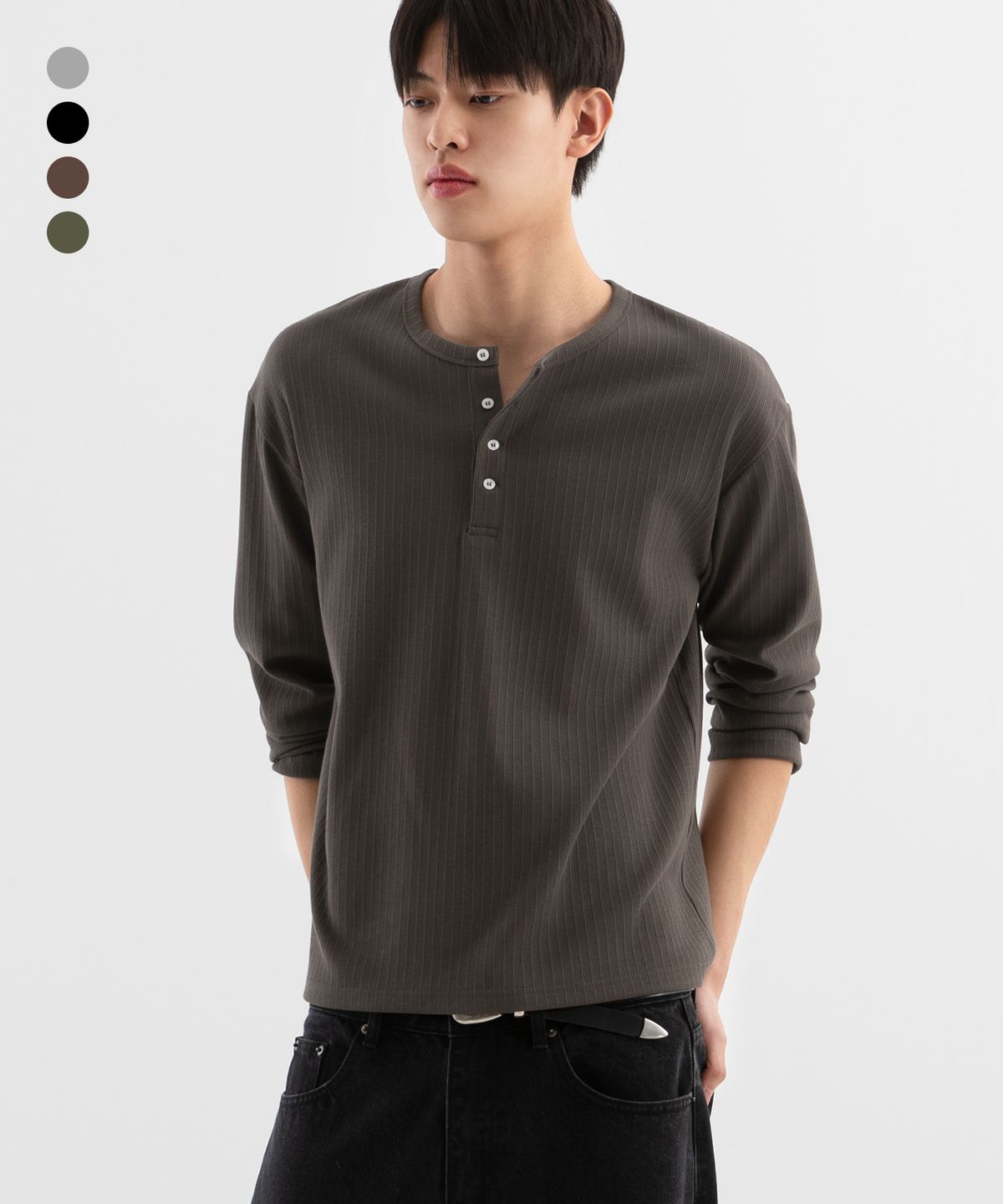 브렌슨(BRENSON) 리브드 크롭 헨리넥 롱슬리브 ( 4Color )
