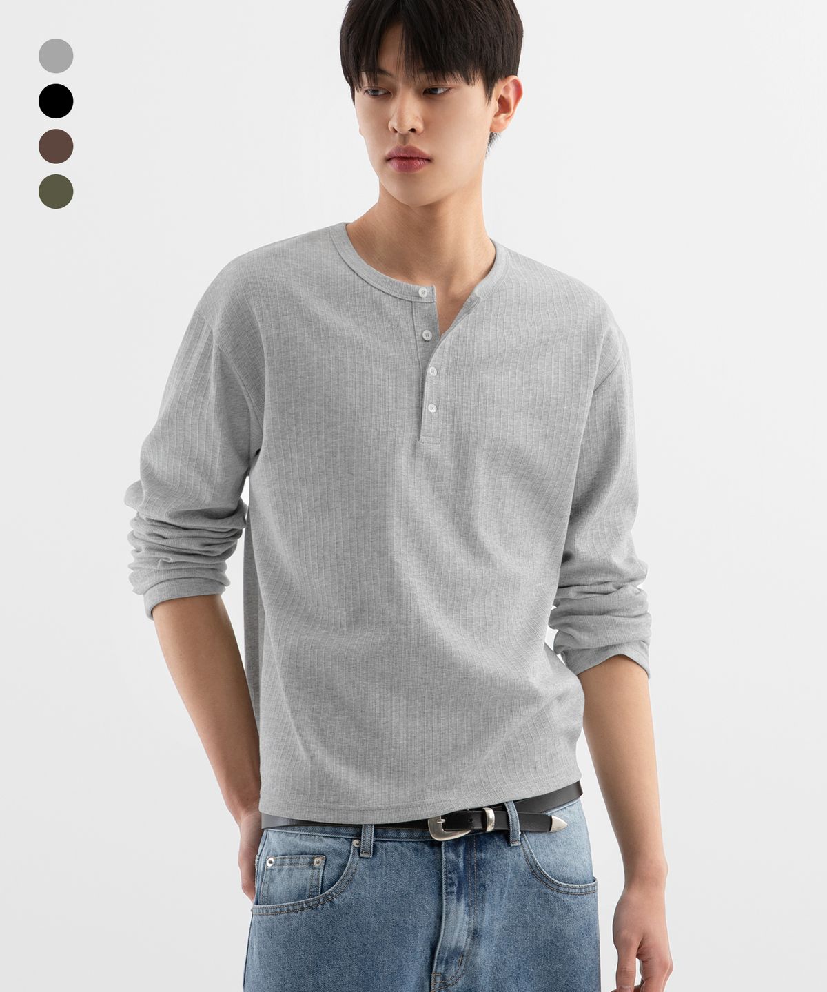 브렌슨(BRENSON) 리브드 크롭 헨리넥 롱슬리브 ( 4Color )