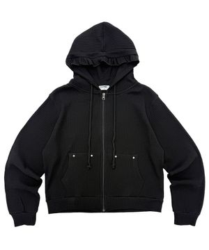 해시 스터드 와플 프릴 후드 집업_블랙