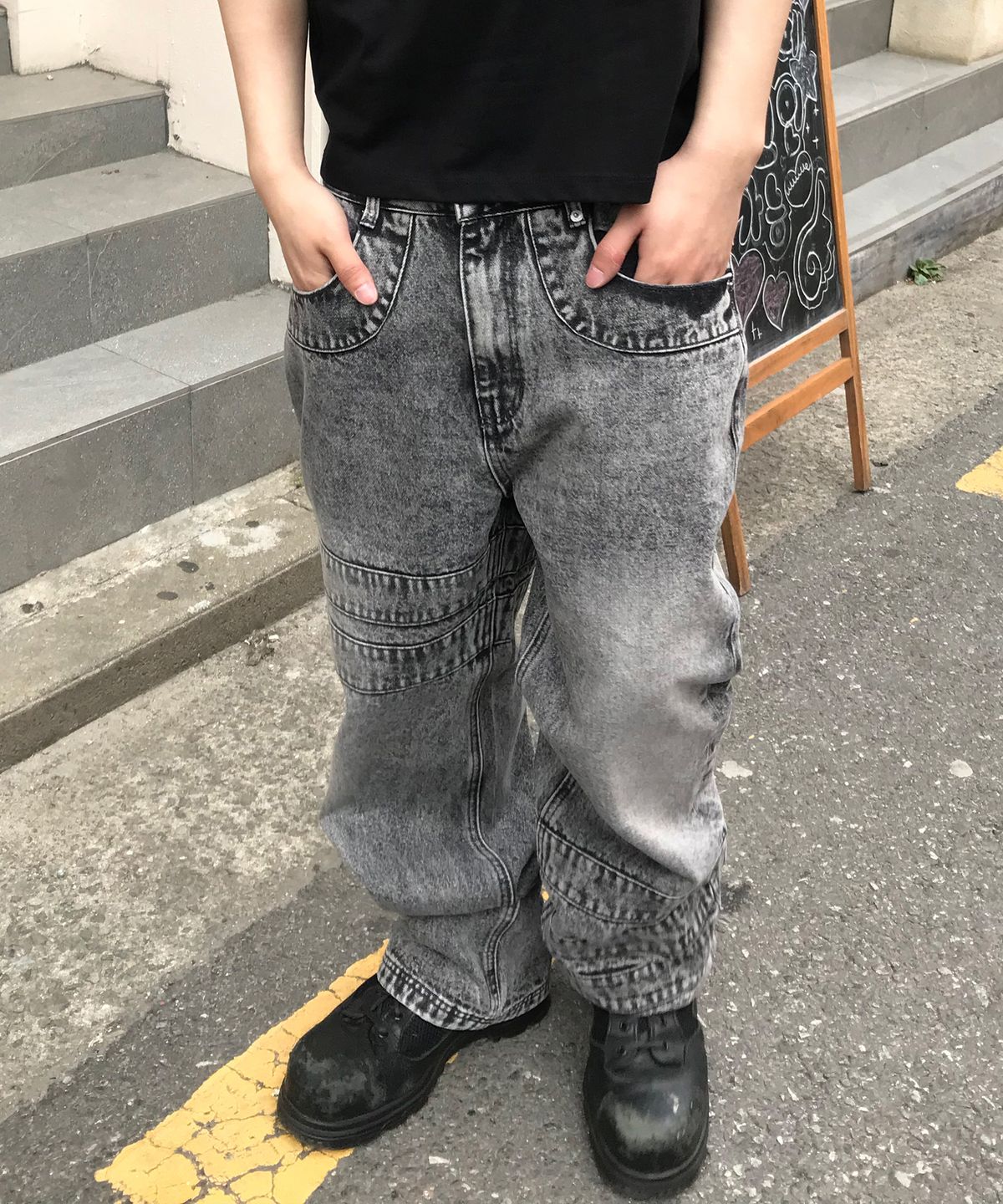 기철(KICHUL) Wrap Tape Straight Denim Pants (Stone Grey)