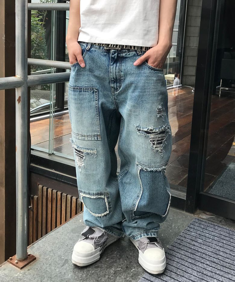Square Patch Cut Wide Denim Pants (Mid Blue)