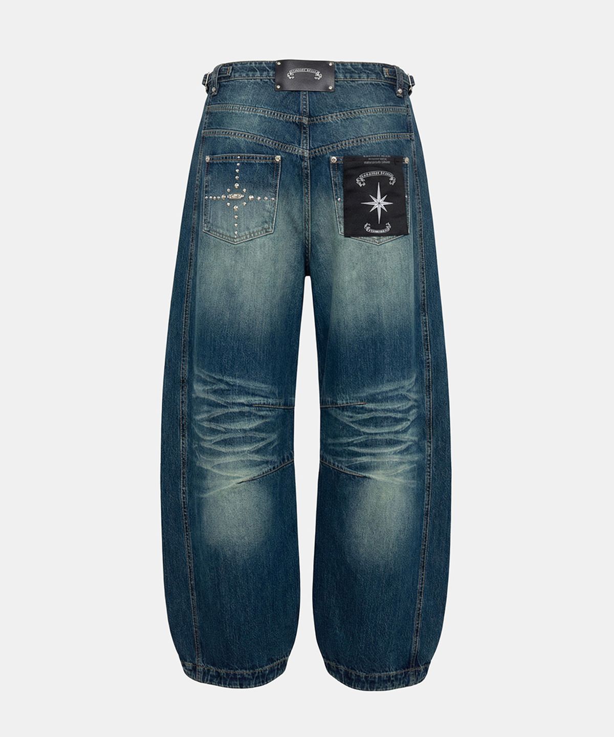 배드블러드(BADBLOOD) Star-Studded Barrel Jeans - Mid Blue