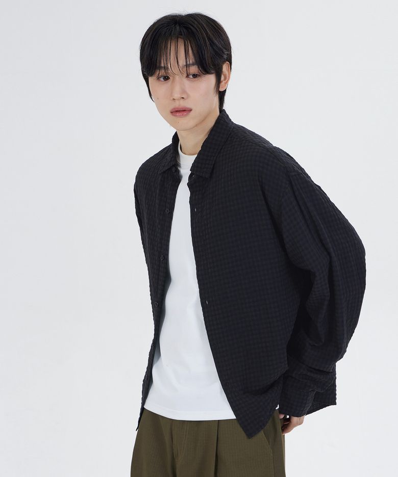 데일리 시어서커 체크 크롭 셔츠 블랙