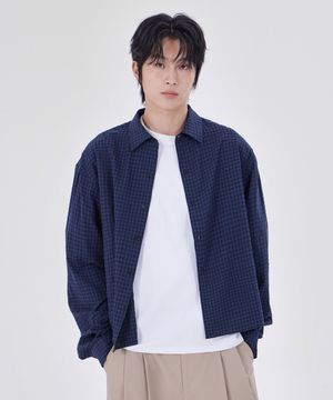 데일리 시어서커 체크 크롭 셔츠 네이비