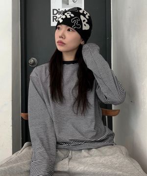 오버핏 스트라이프 코튼 롱슬리브 블랙