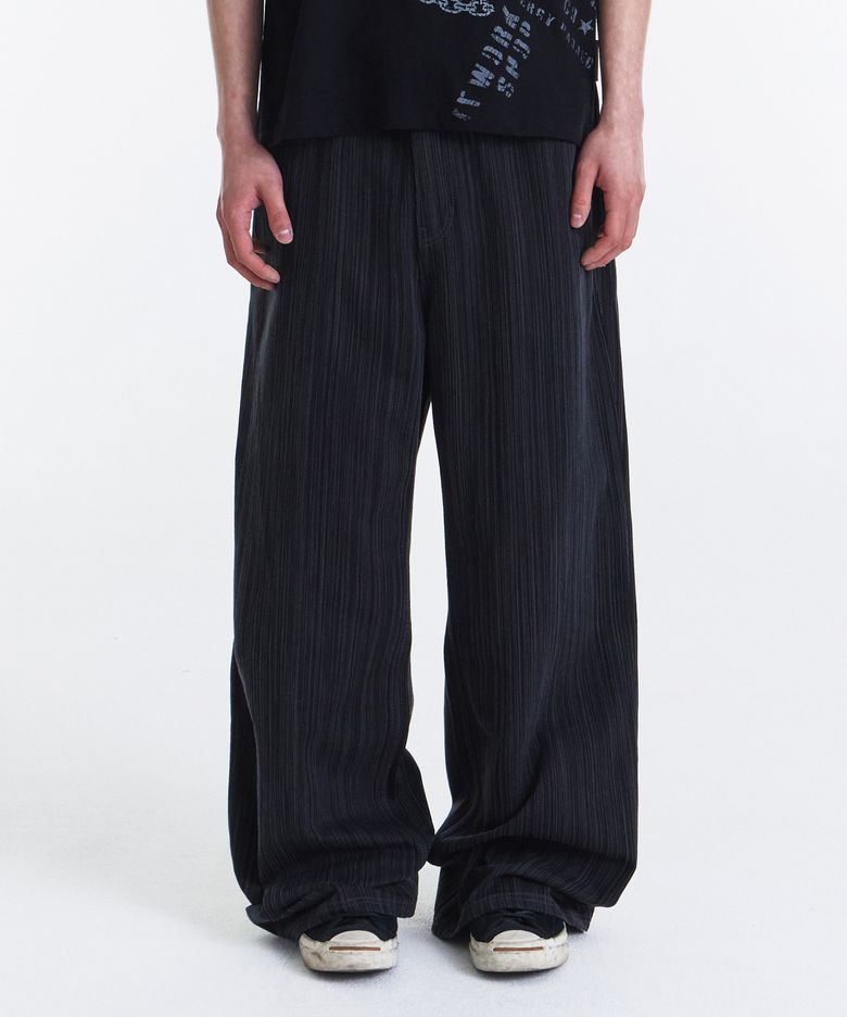Slub Jacquard Stripe Wide Pants (Black)