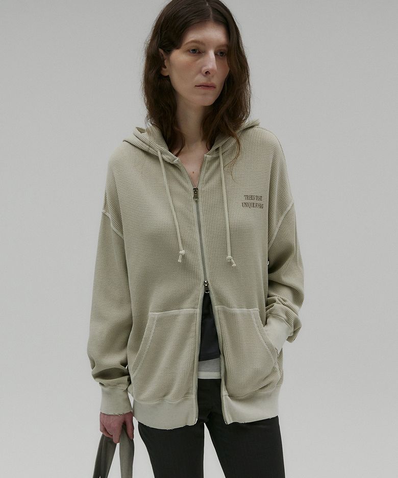PIGMENT DYED WAFFLE HOODIE ZIP-UP [BEIGE]