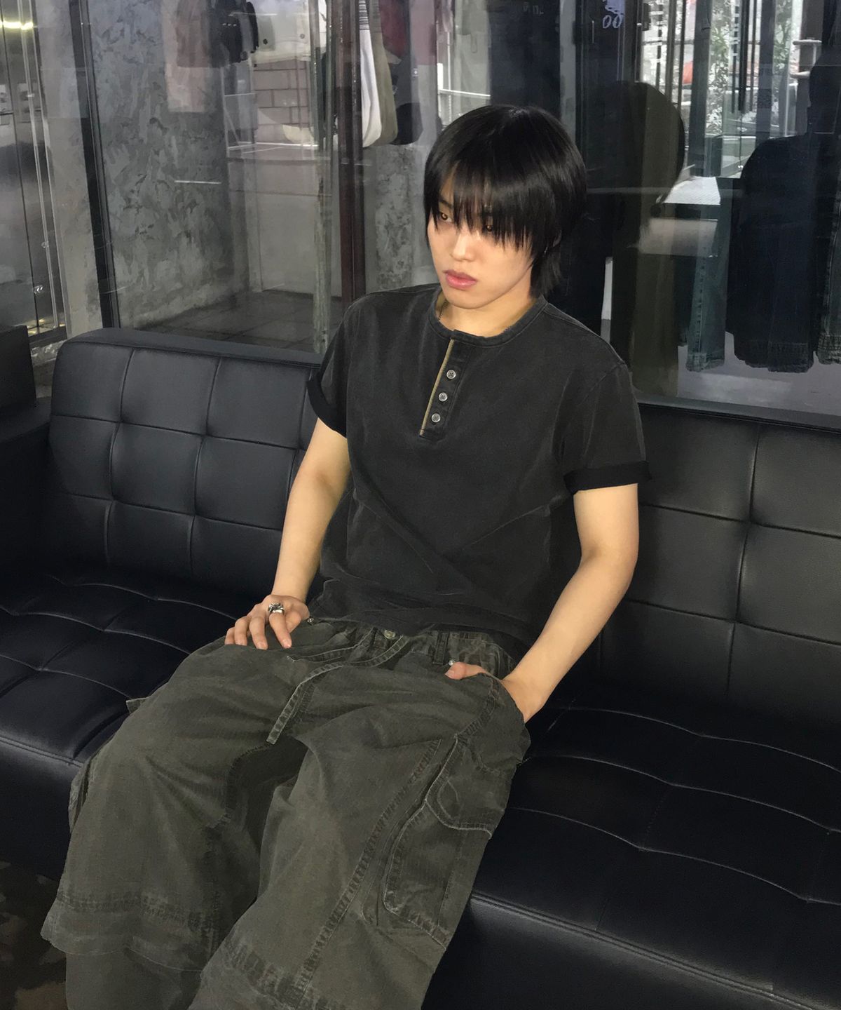 기철(KICHUL) Military Salt Henley T-shirt (Washed Black)