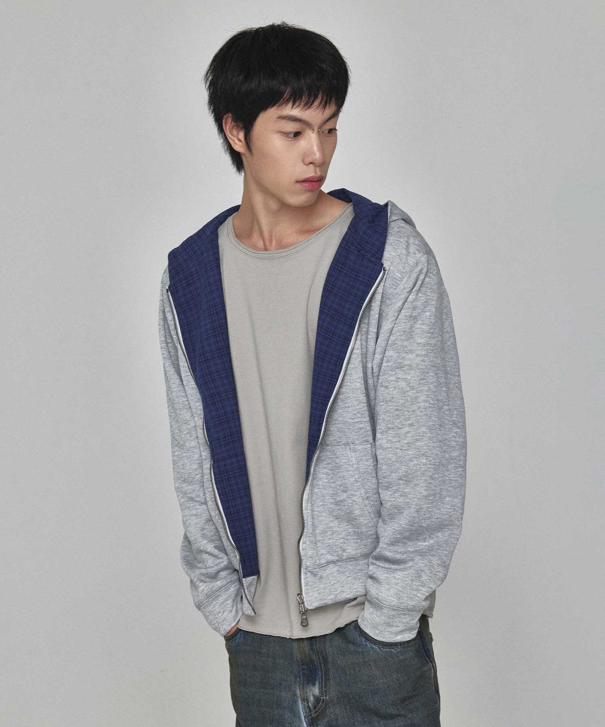 기철(KICHUL) Hidden Check Reversible Hooded Jacket (Melange Grey)