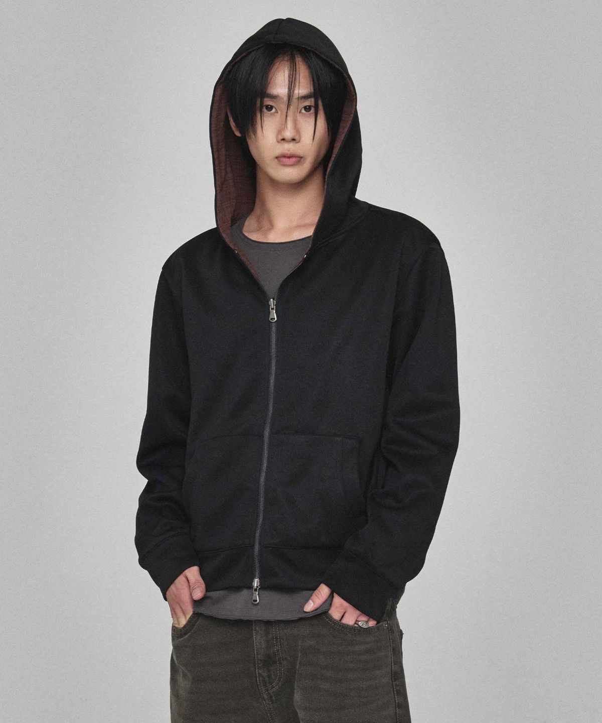 기철(KICHUL) Hidden Check Reversible Hooded Jacket (Black)