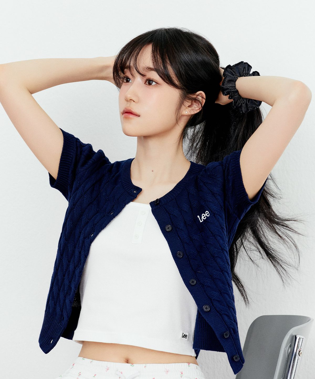 리(LEE) 우먼 라운드넥 케이블 가디건 네이비