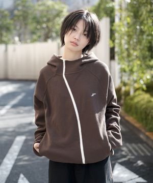 커브드 하이넥 와플 후드 집업 - 브라운