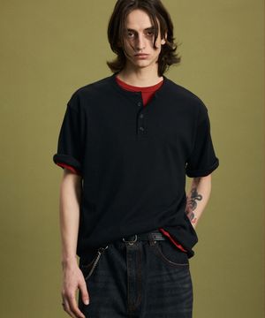 리브드 헨리넥 반팔 티셔츠 블랙 IETS6E021BK