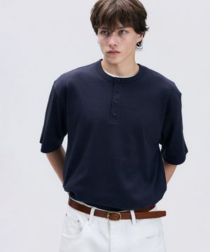 리브드 헨리넥 반팔 티셔츠 네이비 IETS6E021N2