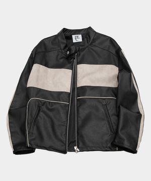 배색 파이핑 레이싱 버튼 넥 싱글 바이커 오버핏 레더 자켓 [블랙]
